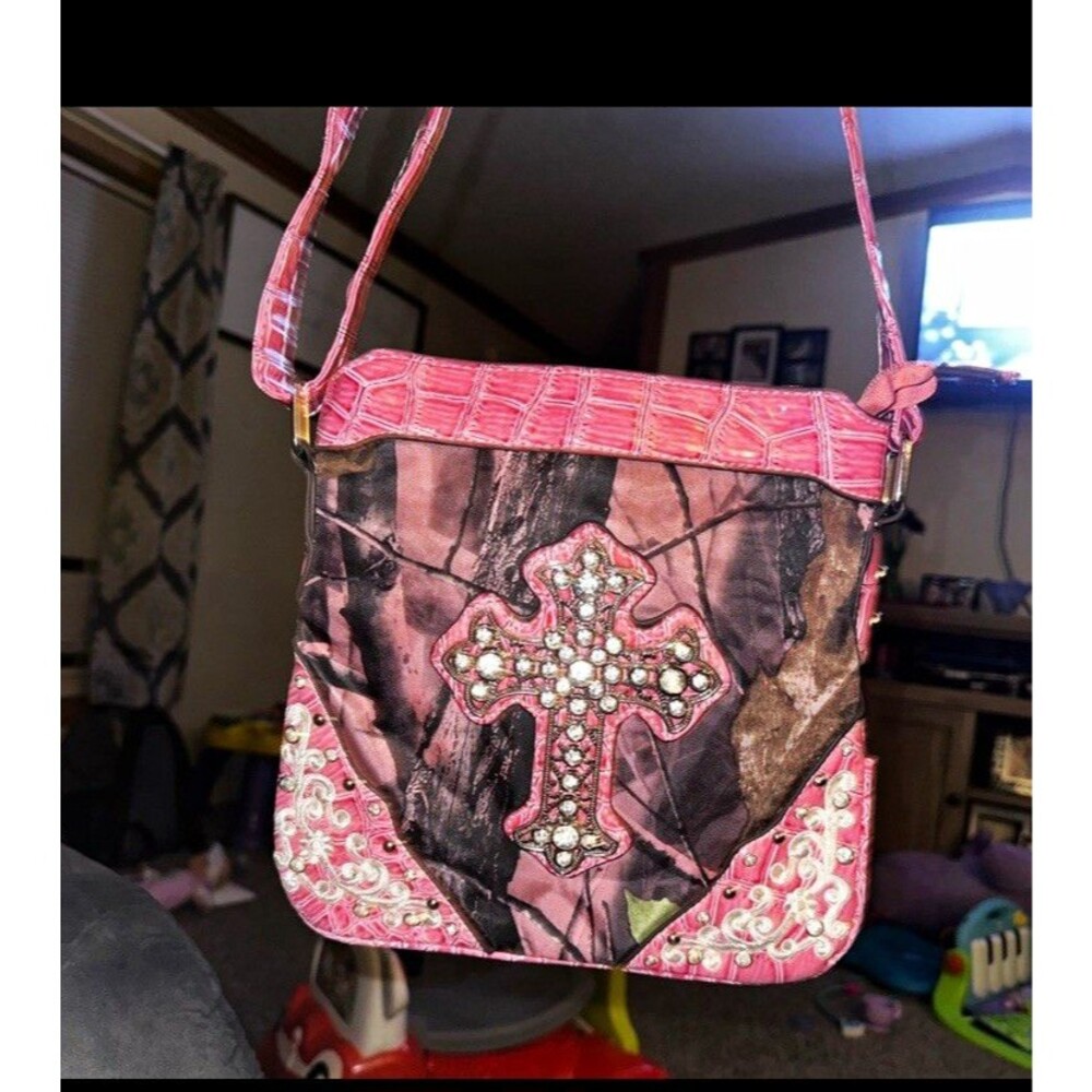 Pink Camouflage Shoulder Bag Rhinestone Cross Zip Closure Inner Pockets Beige